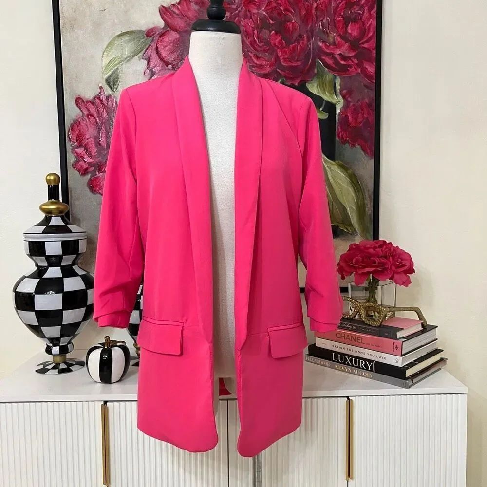 Strut & Bolt Women's Shawl Lapel Open Front 3/4 Sleeve Blazer Jacket Pink Small